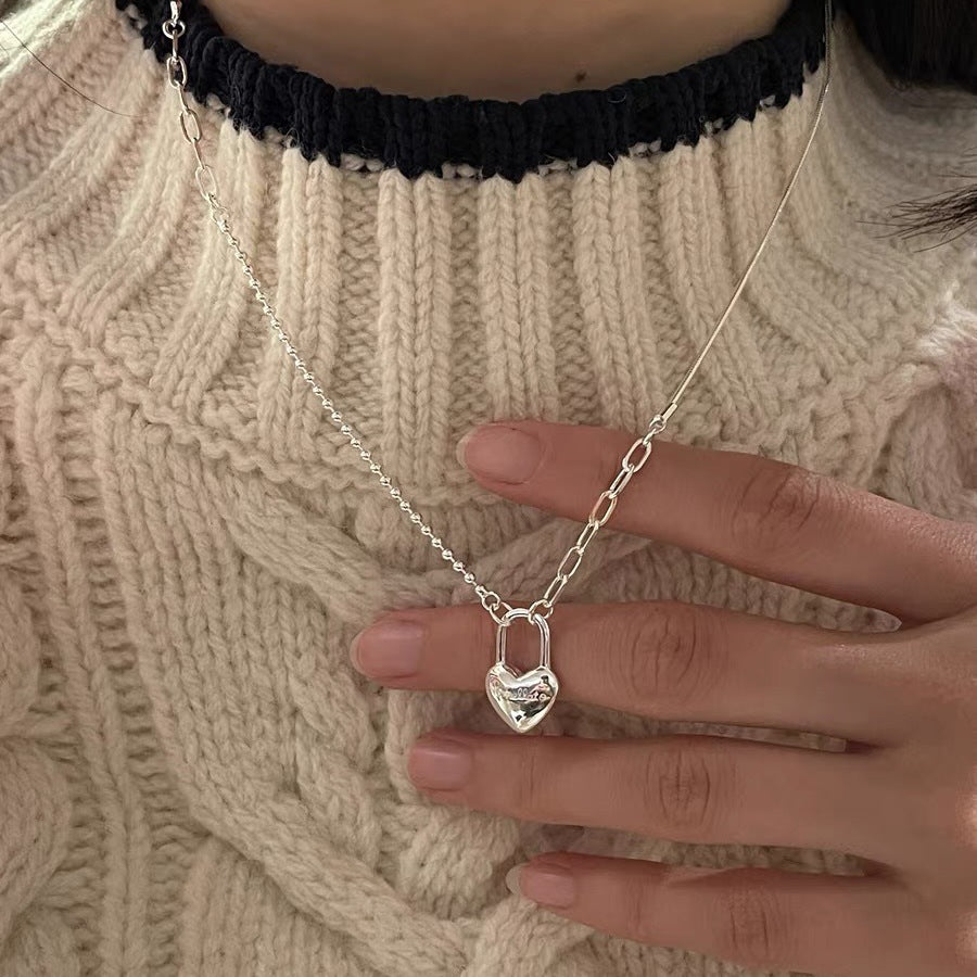 Collar con candado en forma de corazón y cadena de doble capa para mujer en plata de ley S925