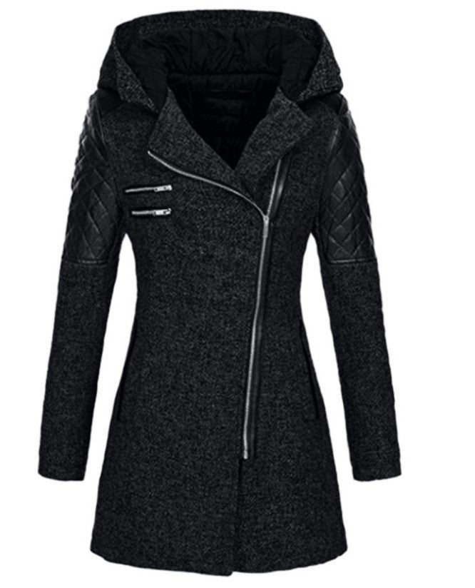 Oblique Zipper Hooded Thickened Thermal Mid-length Trench Coat