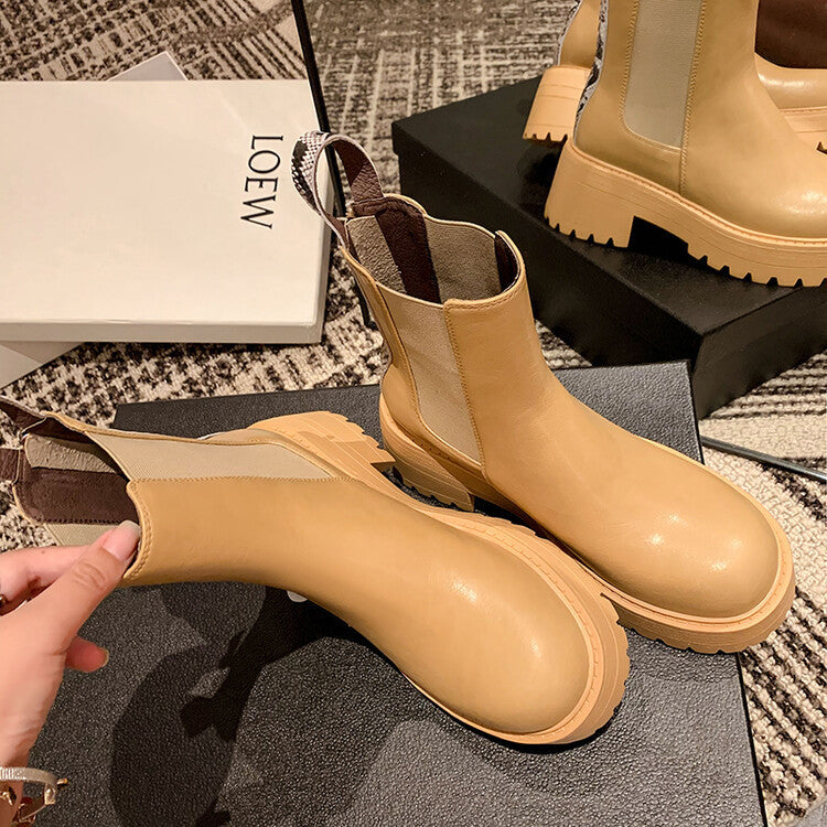 Botas Martin de punta redonda y tacón alto grueso de cuero estilo coreano para mujer