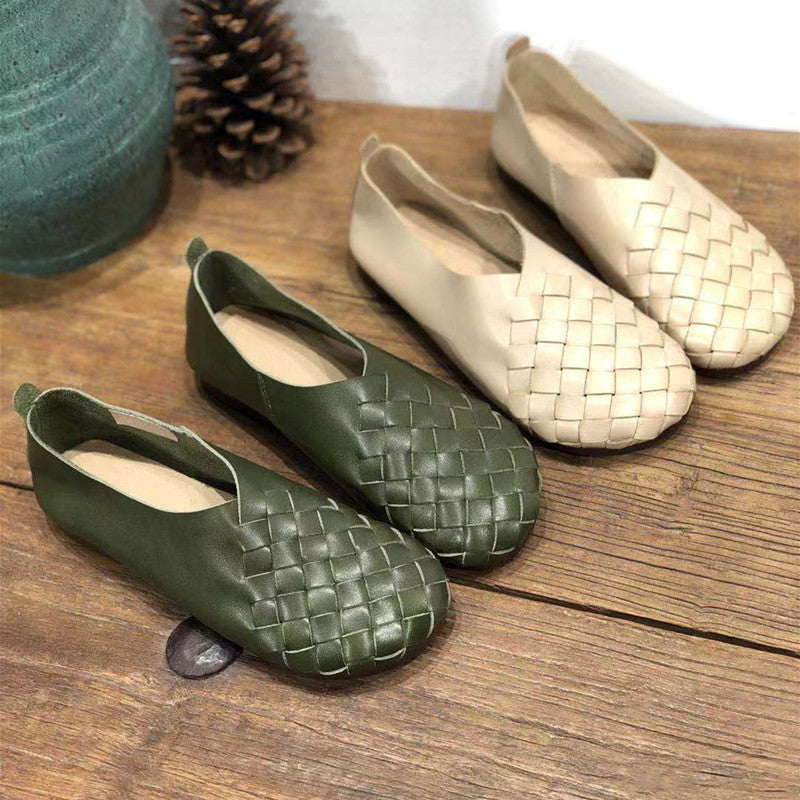 Retro Round Toe Flat Bottom Soft Cowhide Woven Women's Shoes