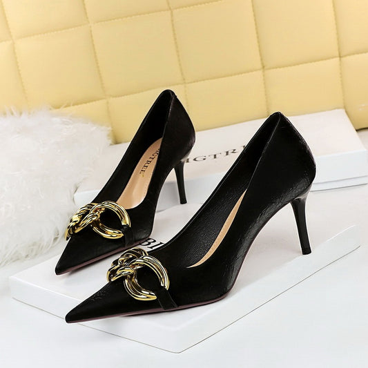 Shallow Pointed Big Metal Buckle Single Shoes