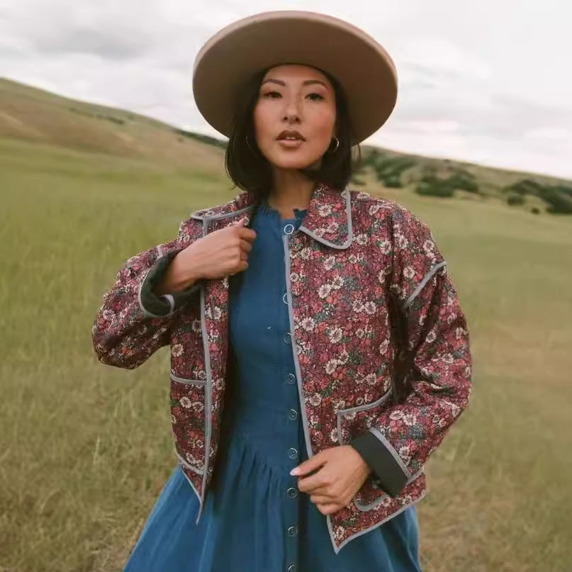 Chaqueta de algodón con estampado floral pequeño y solapa