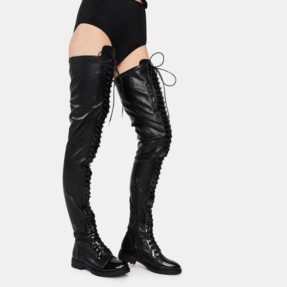 Lace-up Side Zip Low Heel Over The Knee Stockings Leather Women's Boots