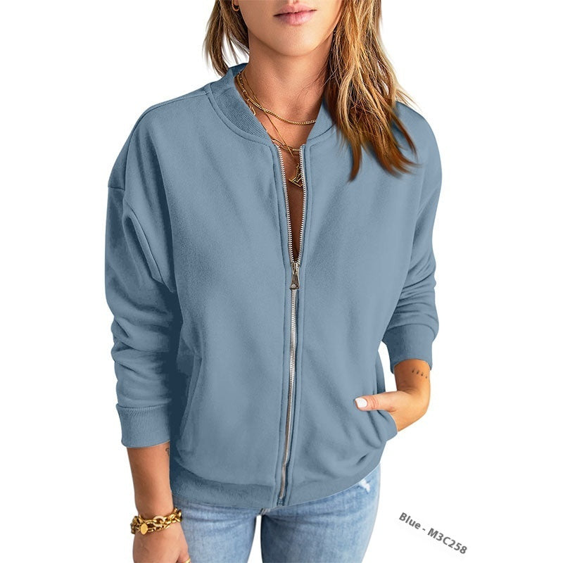 Women's Solid Color Zipper Jacket Coat Fashion Casual Cardigan Long Sleeve Stadiumjumper