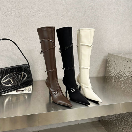 Personalized Pointed Toe Belt Buckle Slimming High Stiletto Heel Boots