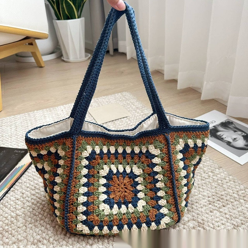 Grandma Grid Straw Bag Photo Storage