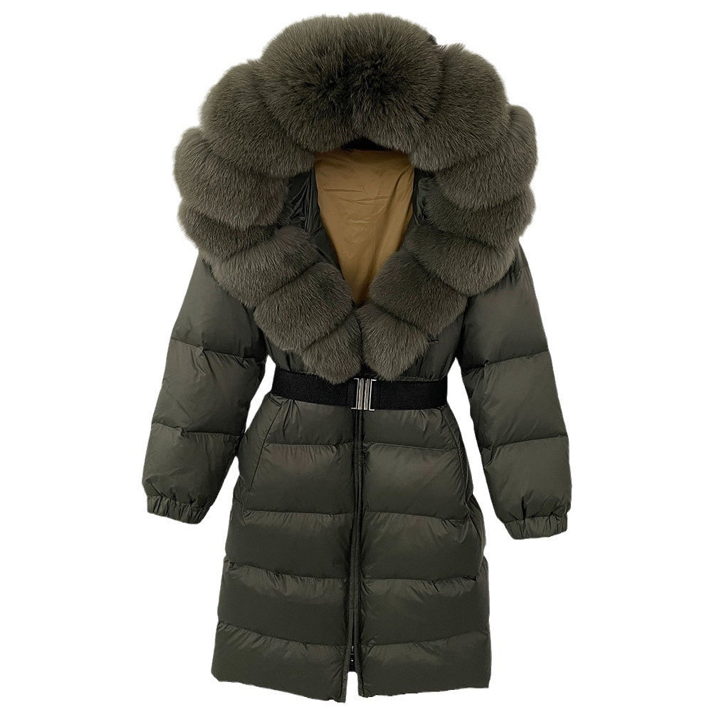 Women's Long Cinched Hoodie Real Fox Collar Fur Down Jacket Coat