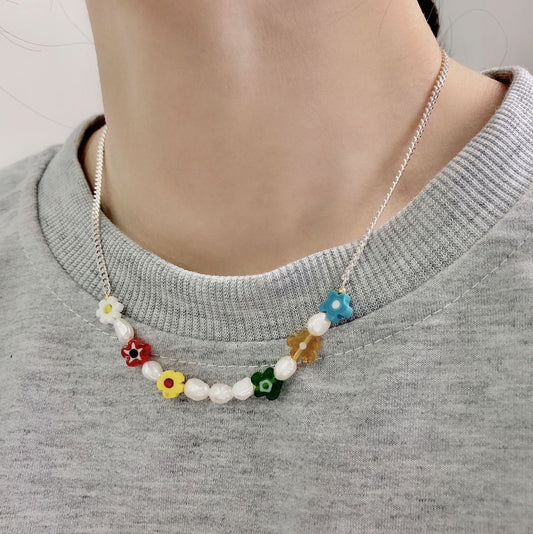 925 Silver Small Flower Color Clavicle Necklace Light Luxury Minority Women's Design Beaded