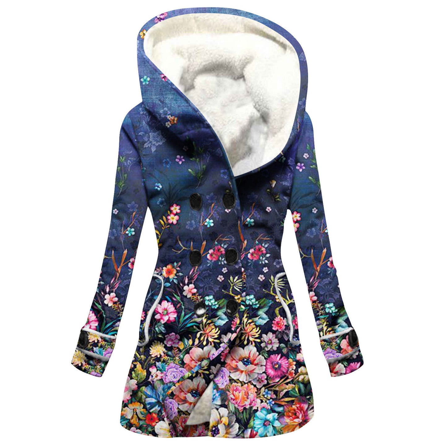 Women's Windbreaker Winter Thickened Imitation Lamb Stitching Floral Hooded