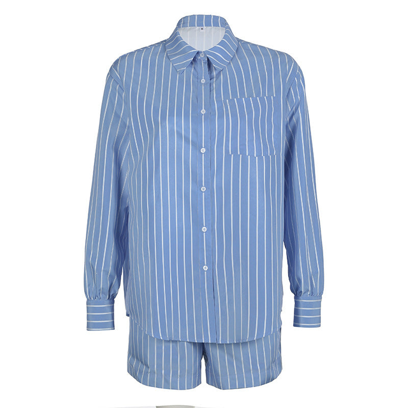 Blue Striped Lapel Long Sleeve Casual Two-piece Suit