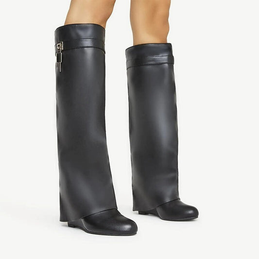 Botas altas de cuña de metal de talla grande para mujer, botas por debajo de la rodilla