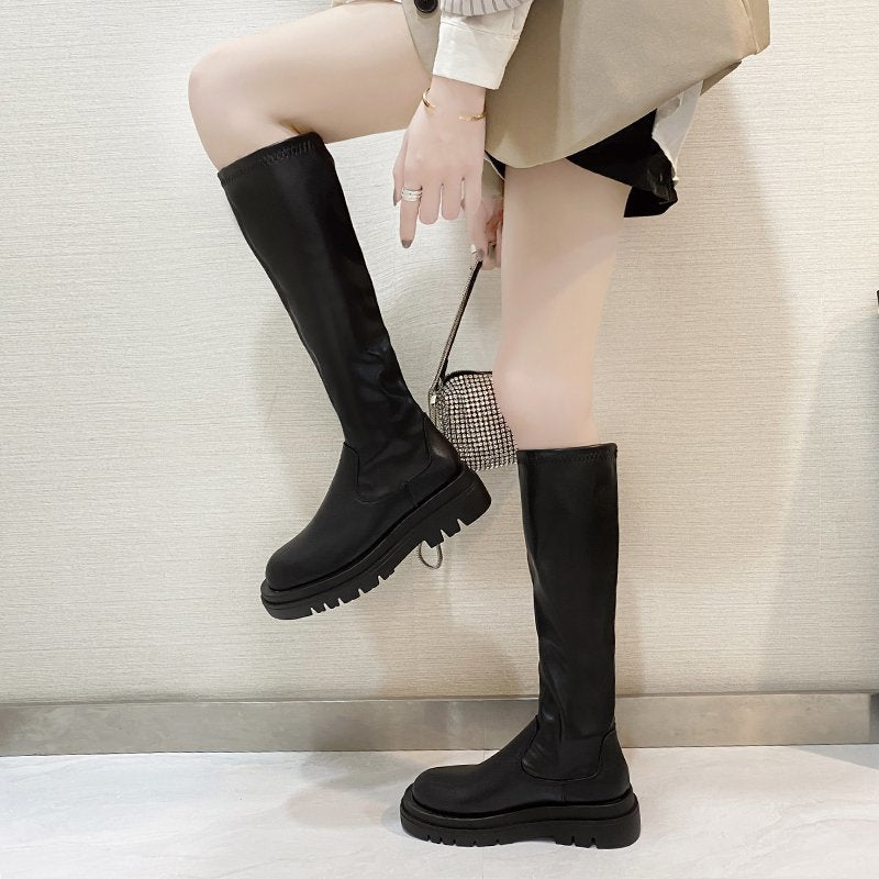 Thin Black Elastic High Boots Are Small And Slim