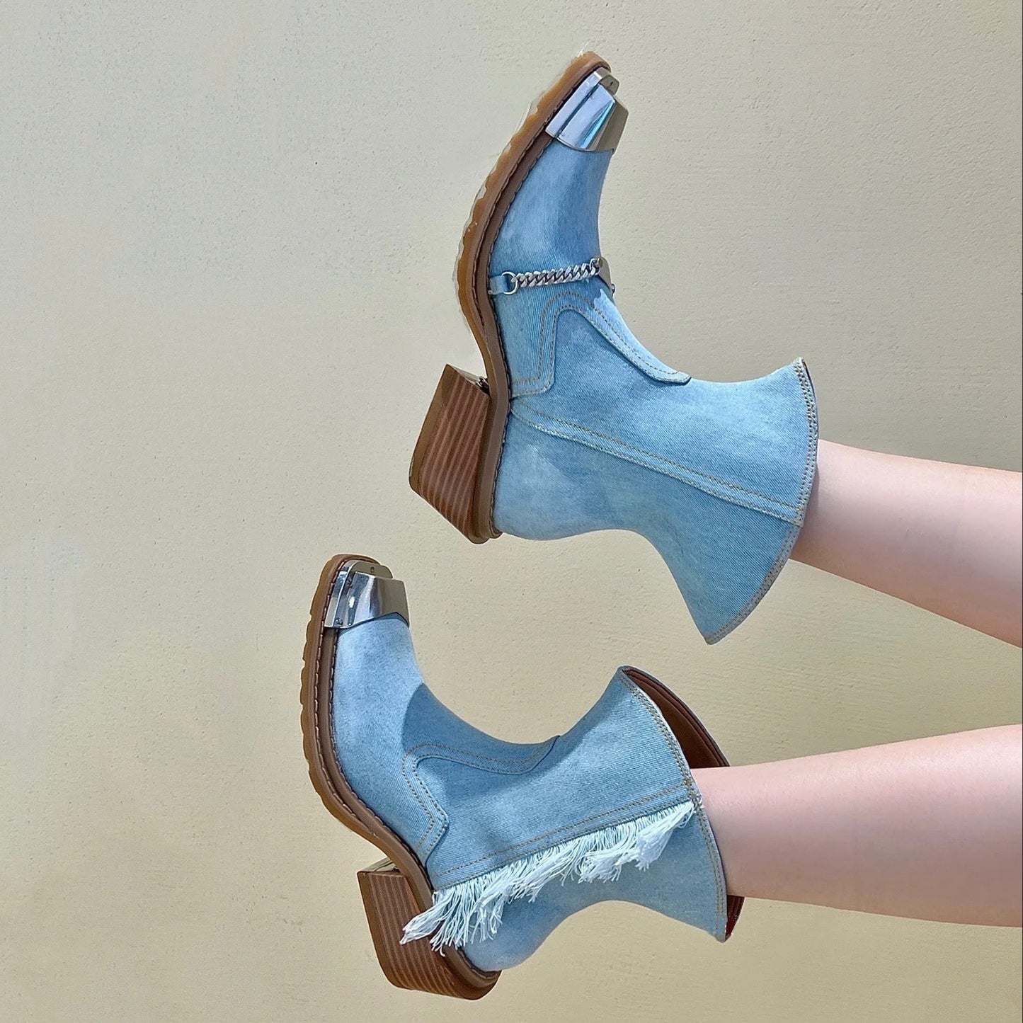 Metal Square Toe Cowboy Boots Women's Thick Heel