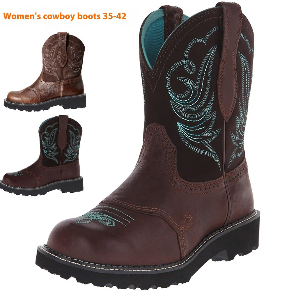 Embroidered Women Cowboy Boot Autumn And Winter Women's Mid Boots