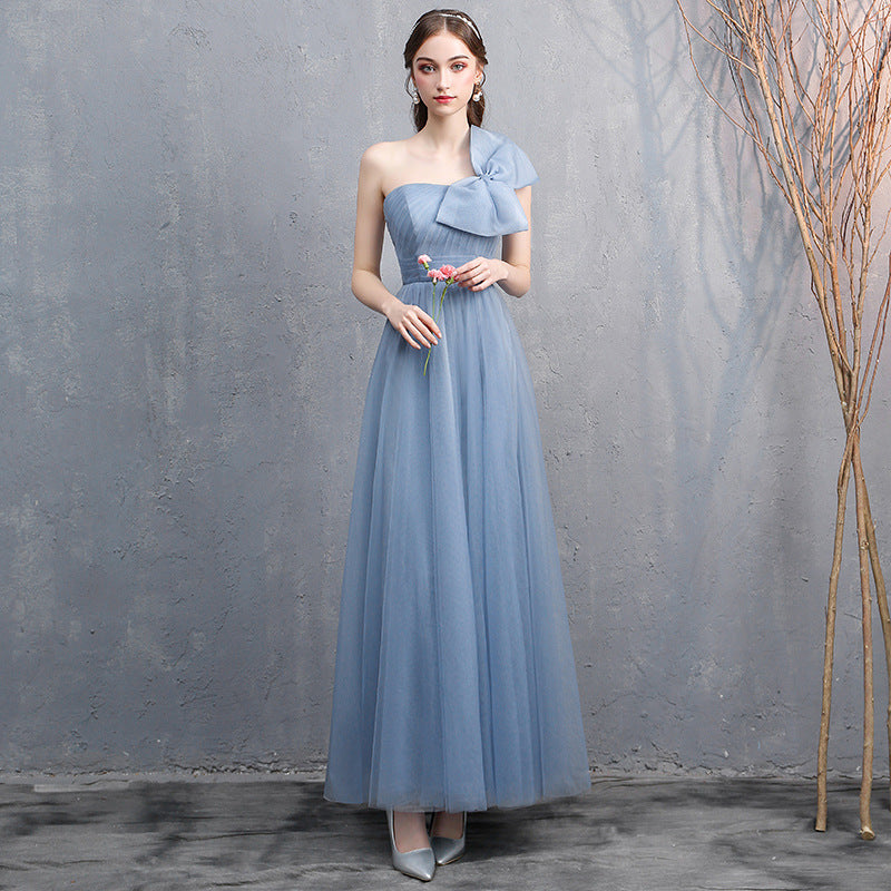 Robe de banquet à épaules dénudées gris-bleu pour femme