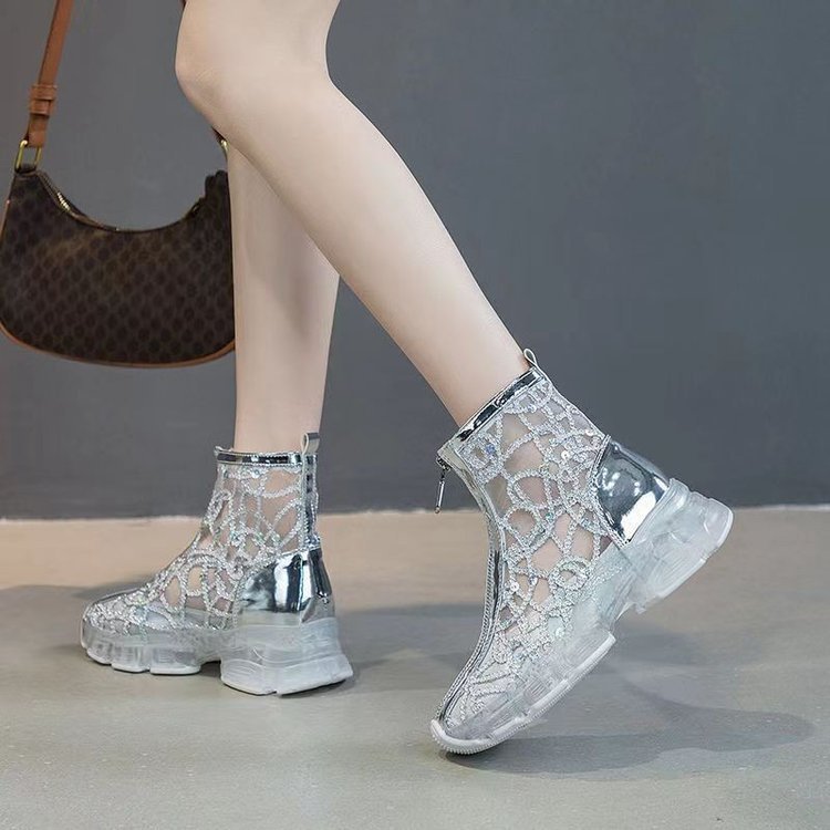 Thin Rhinestone Front Zipper Martin Boots Female Mesh Yarn