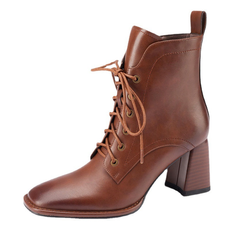 Women's 2022 Autumn And Winter British Retro Lace Up Short Simple Fashion High Heel Boots