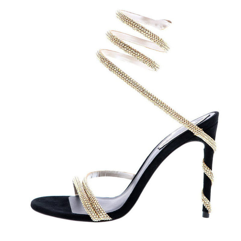 New Square Head Rhinestone Flat Belt High Heel Sandals