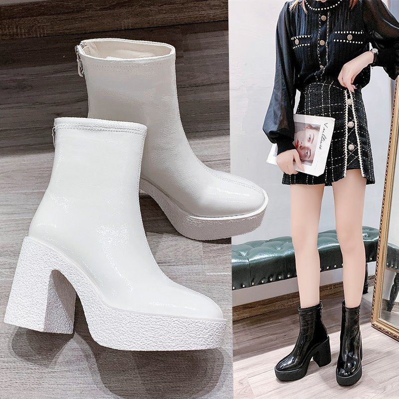 Women's Patent Leather Waterproof Platform Thick High Heel Back Zipper Short Boots