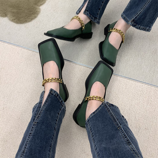 Metal Chain Square Toe Retro Leather Shoes