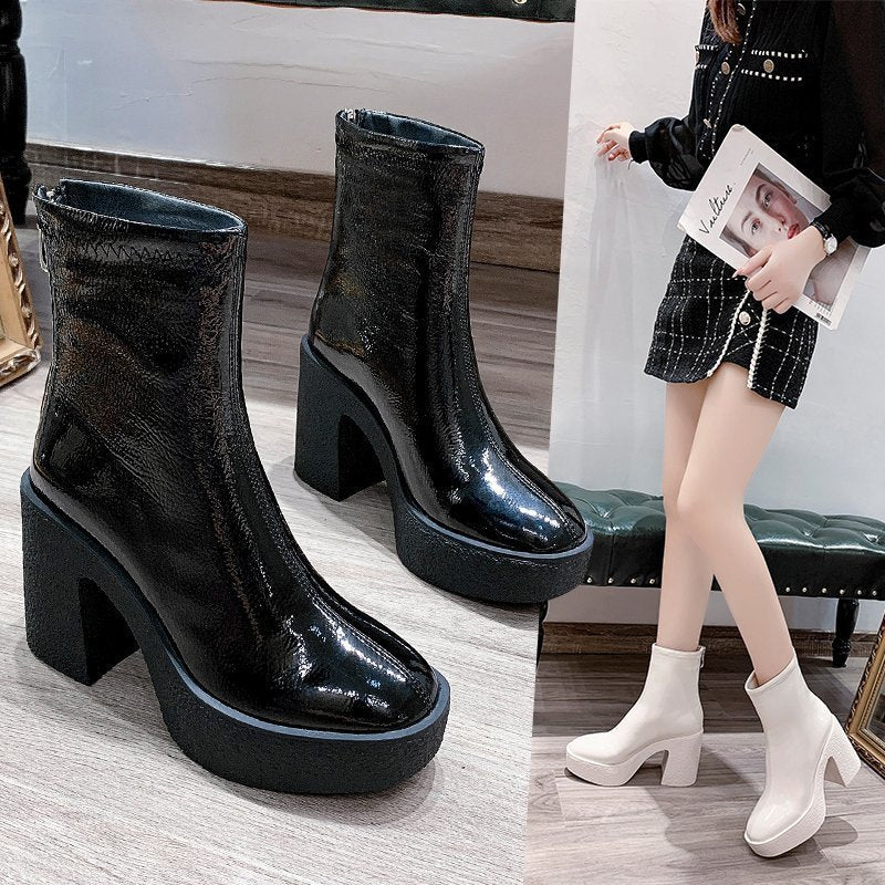 Women's Patent Leather Waterproof Platform Thick High Heel Back Zipper Short Boots