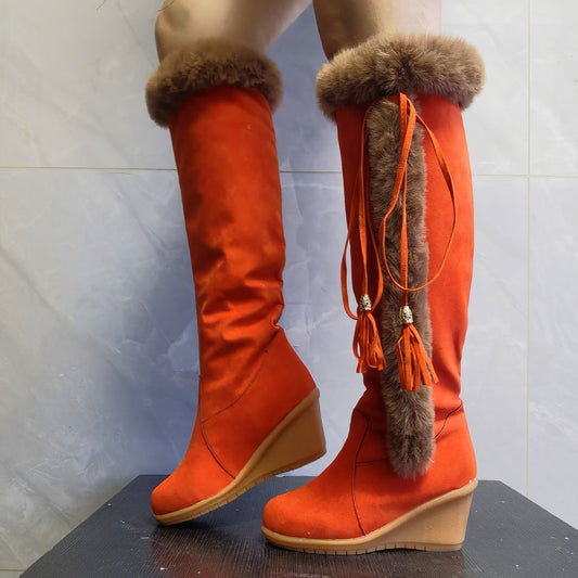 Botas largas de felpa de invierno para mujer, botas de combate, zapatos de cuña