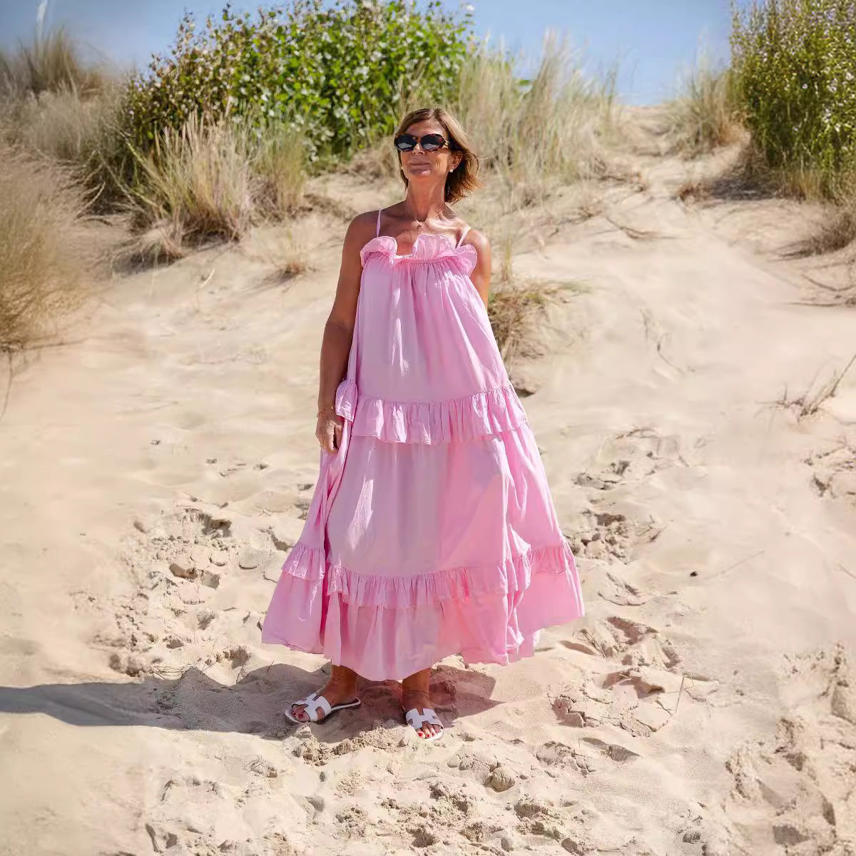 Robe longue à volants style vacances d'été pour femmes