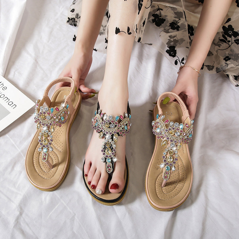 Sandalias planas con diamantes de imitación de estilo bohemio