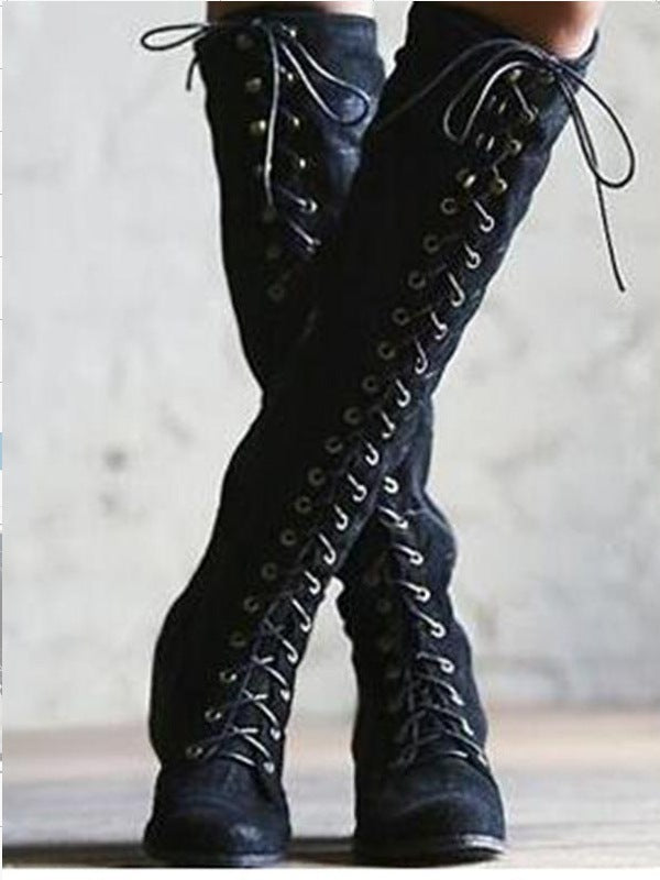 Solid Color Thick Low Heel High-top Lace-up Fashion Women's Boots