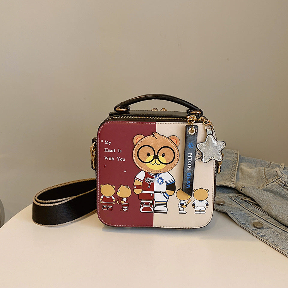 Printed Cartoon Teddy Bear Hand-held Small Square Bag