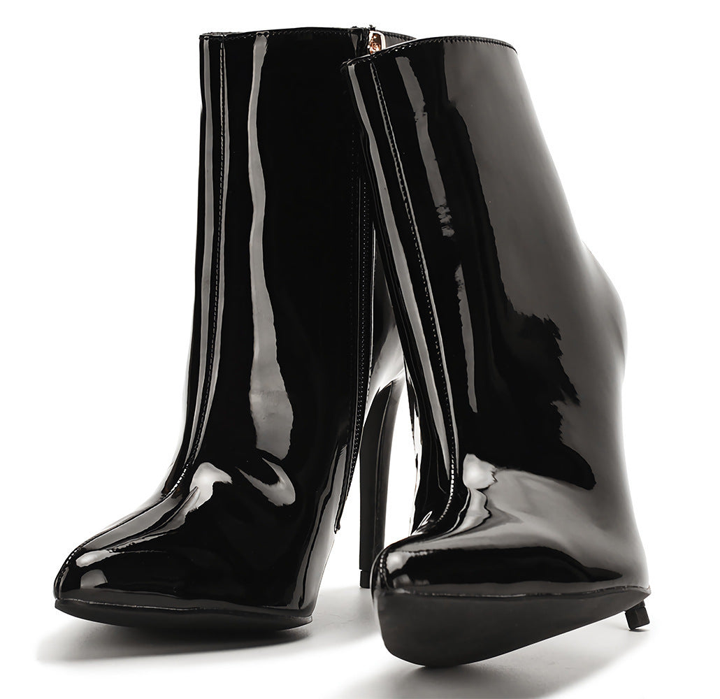 Women's Fashion Patent Leather Pointed Toe Side Zipper Fine High Heel Boots