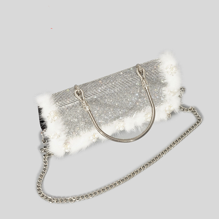 Ostrich Fur Pearl Rhinestone Bag Women's New