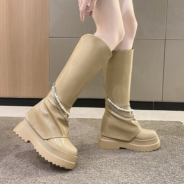 High 10cm Inner Heightening Pant Leg Boots Pearl Chain But Knee Knight Boots