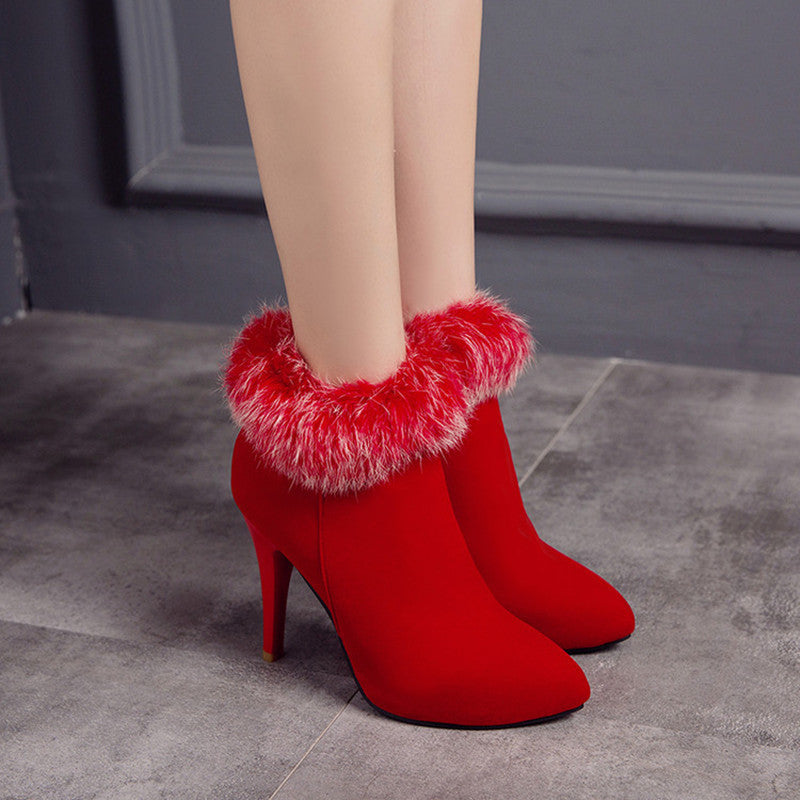 Women's Fur Booties Plus Size Pointed High Heels