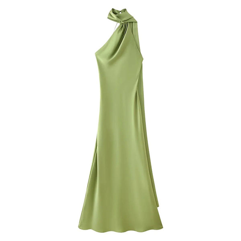 Fashion Solid Color Silk Satin Texture Ribbon Halter Dress