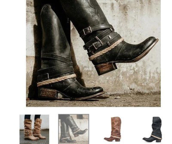 Women's Belt Buckle Thick Heel Middle Boots