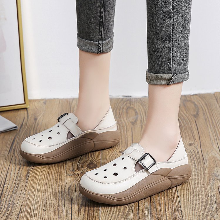 Retro Color Matching Hollow Out Sandals Women's Shoes Two-way Hole Shoes Casual Pumps Platform