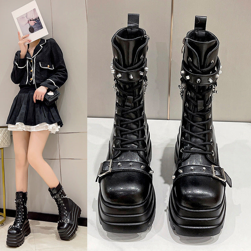 Women's New Punk Style Handsome Thick Sole Mid Length Women's Boots