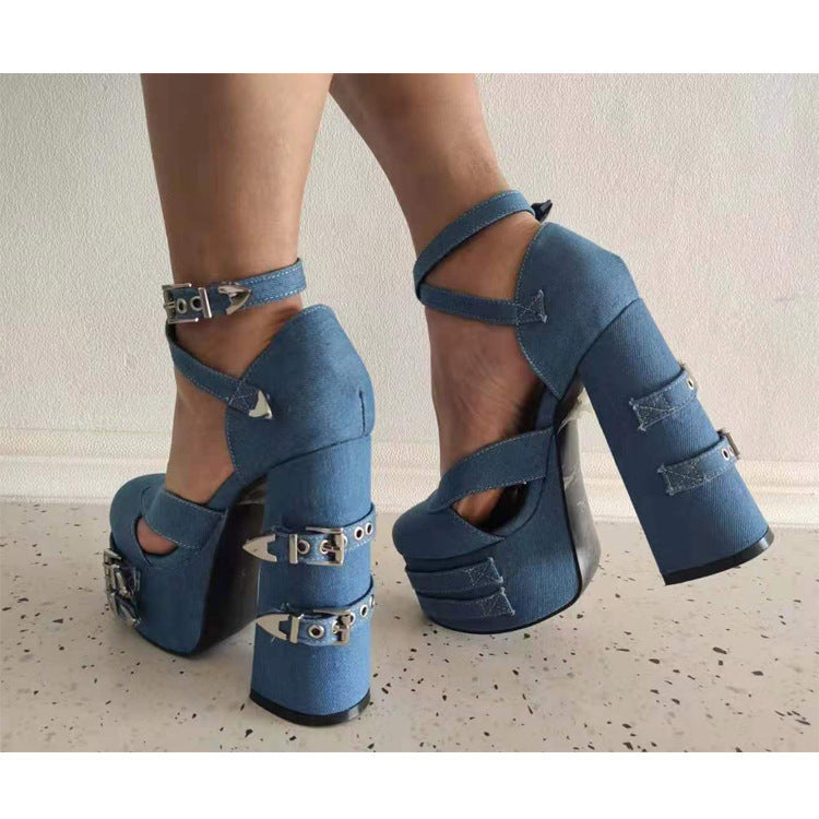 Super High Heel Chunky Heel Waterproof Platform Belt Buckle Women's Hollowed Sandals