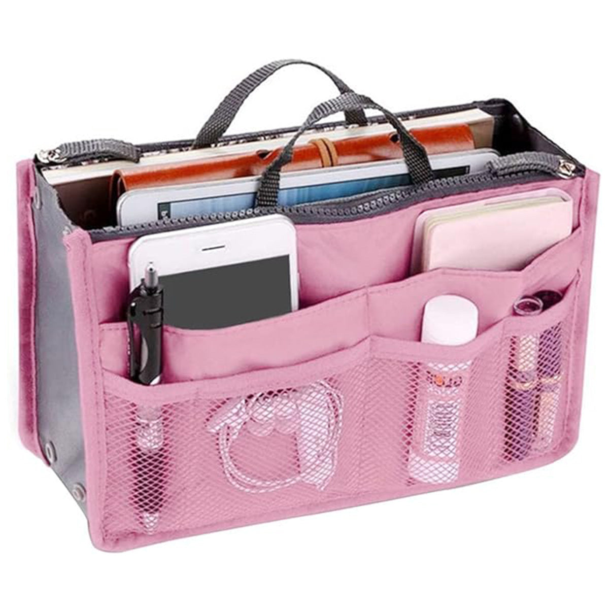 Organizador de bolsos para mujer con 13 bolsillos, gran capacidad, forro, cremallera, asa, bolso de mano portátil para mujer, documentos de viaje, tarjetas, artículos pequeños