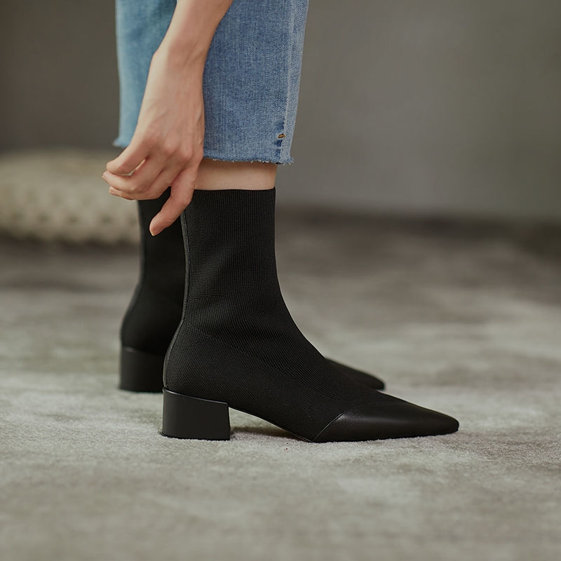 Women's Fashion Woolen Yarn Boots Pointed Chunky Heel Short Boots