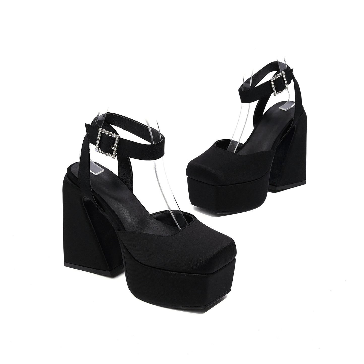 Women's Peep Toe Matte Buckle Thick High Heel Sandals