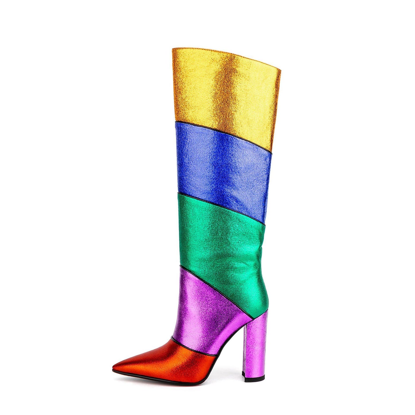 Tribal Card Metal Rainbow Color-blocking Pointed Chunky Heel Middle Boots