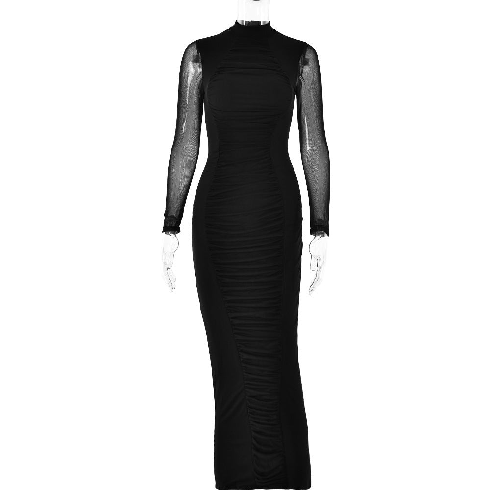 Women's Sexy Mesh Long-sleeve Round-collar Dress