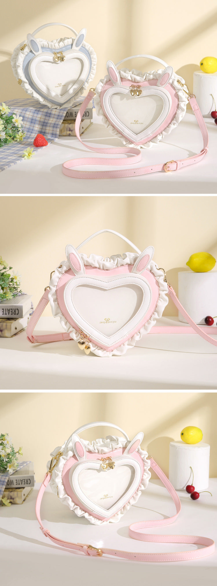 Rabbit Ear Peach Heart Transparent Handbag Sweet Cute Lace