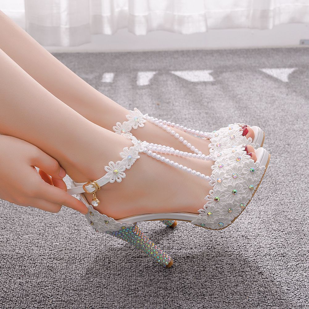 Peep Toe Beaded Rhinestone Platform High Heel Sandals