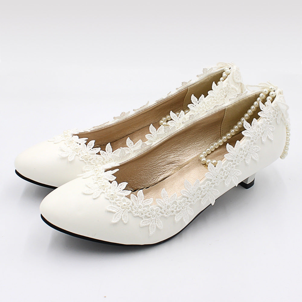 Women's Low Heel Simple White Wedding Shoes