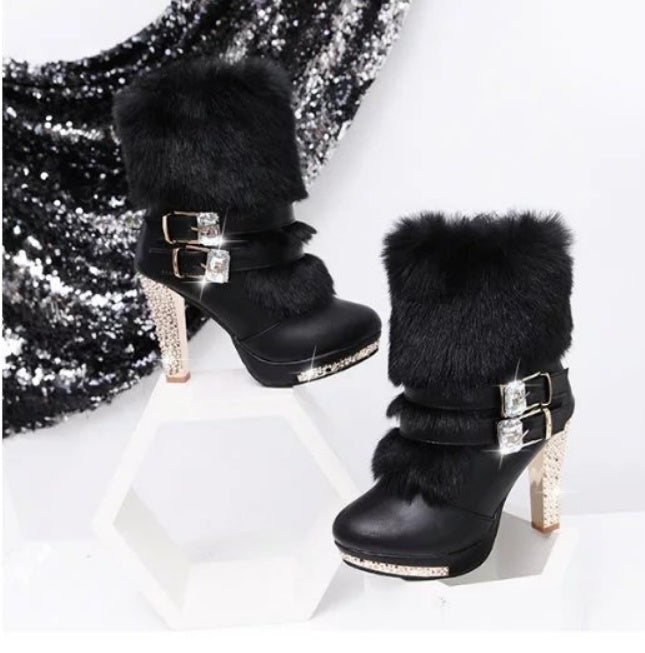 Chunky Heel High Heel Mid-calf Leather And Fur Integrated Rhinestone Women's Boots