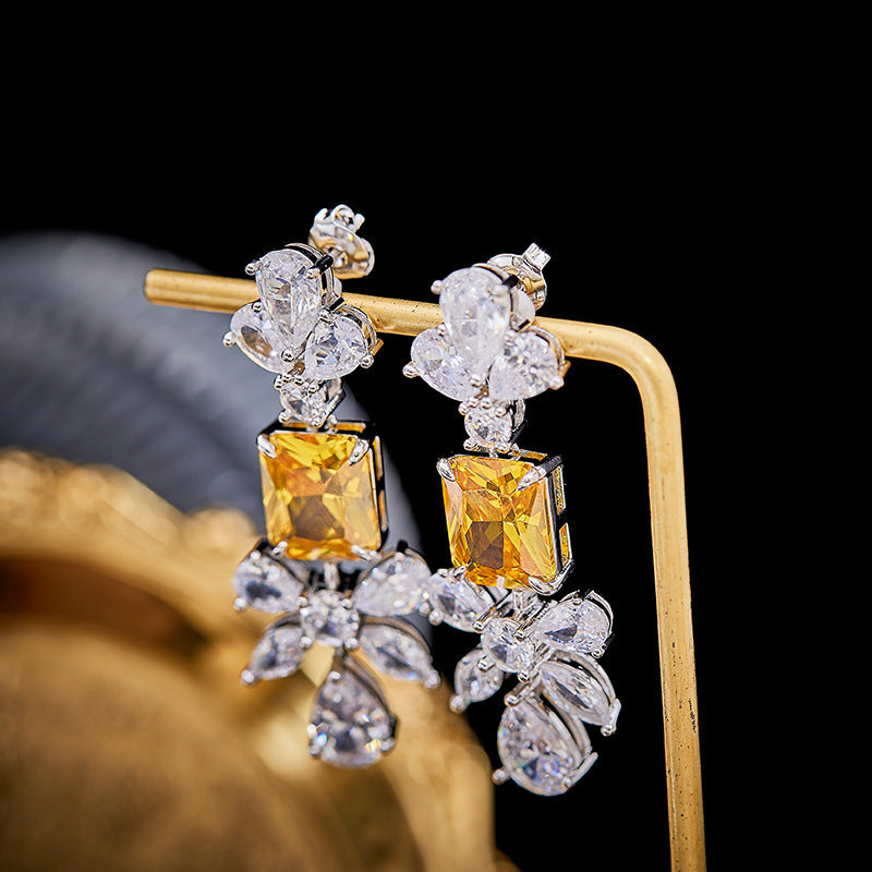 Fashion European And American Style Yellow Diamond Earrings Female Creative Personality Inlaid Imported Zircon