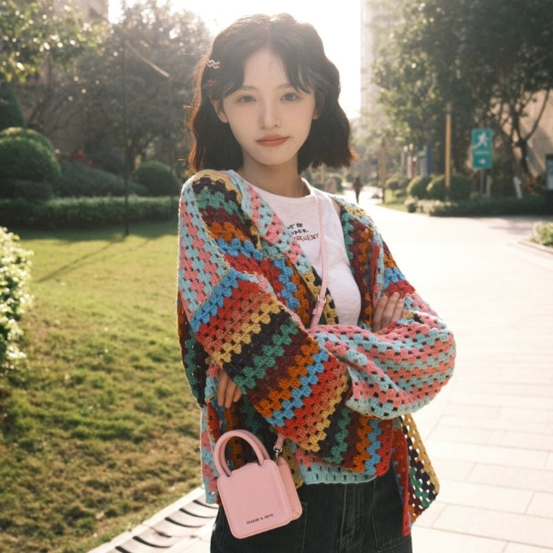 Fashion Sweater Rainbow Striped Hook Flower Loose-fitting Coat Top